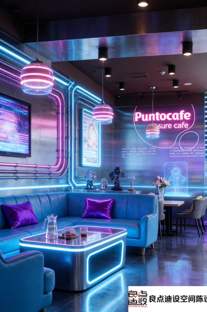 蓝紫霓虹×科技感软装!这家咖啡店的装修软装设计美到让人不想走​